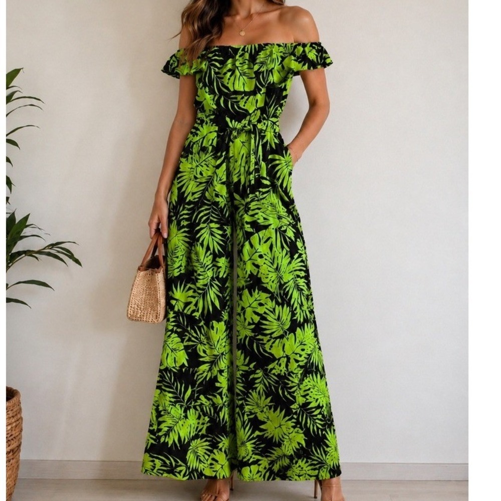 Cato Womens Lime Green Black Tropical Leaf Off Shoulder Wide Leg Jumpsuit Size L